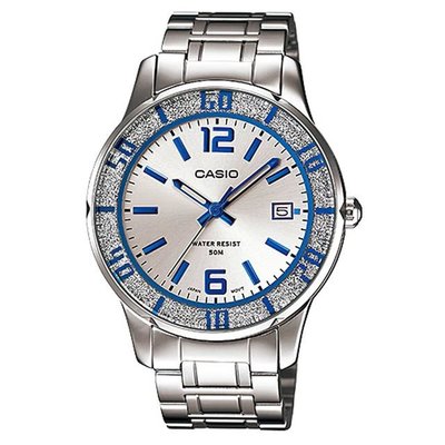 CASIO WATCH 卡西歐淑女外鑽圈弧度鏡面銀色面藍色立體刻劃日期鋼帶石英腕錶 型號：LTP-1359D-7A
