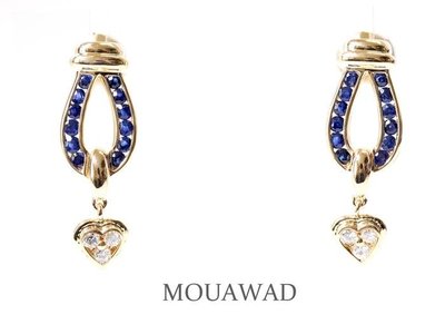MOUAWAD Vintage 天然藍寶石 18k金 750 天然鑽石耳釘 耳環 耳夾 耳扣