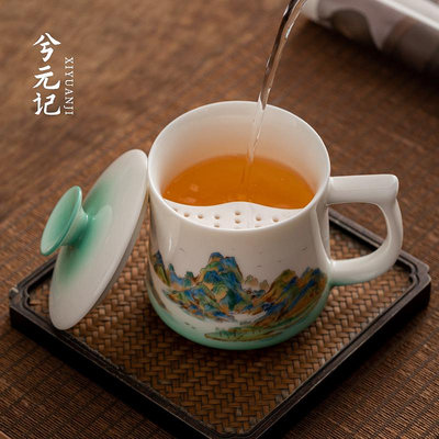 千里江山羊脂玉瓷月牙杯帶蓋過濾陶瓷茶杯個人專用辦公杯茶具--三姨小屋