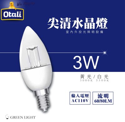 台灣製造 Otali LED 3W 兩入 E14 尖清蠟燭燈 水晶燈 燈泡 球泡燈 小夜燈 另有E27燈 光源