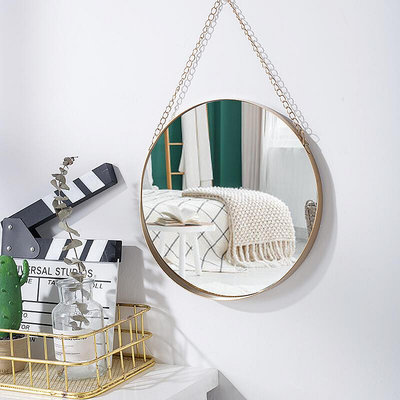 【現貨】簡約幼兒園圓形鏡子壁掛梳妝鏡子浴室鏡北歐鐵藝懸掛美容院床頭鏡