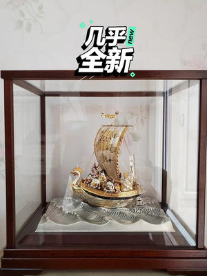 日本武比古作 純銀七福神大寶船 玻璃框高度25cm 寬27c