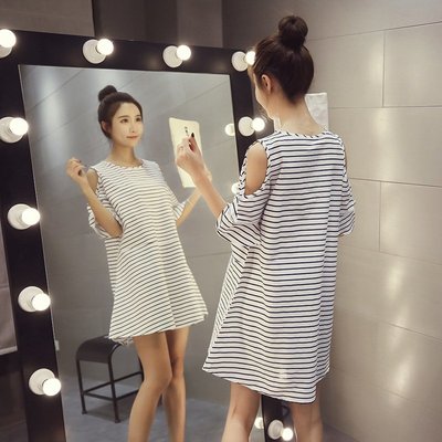 FINDSENSE G5 韓國時尚 學生 大尺碼 寬鬆 A字裙 條紋 露肩 顯瘦 連身裙