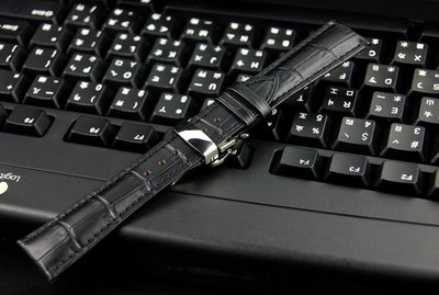 22mm紳士風格黑色可替代浪琴 seiko ...原廠錶帶,壓鱷魚皮紋錶帶,雙按式不鏽鋼蝴蝶彈扣