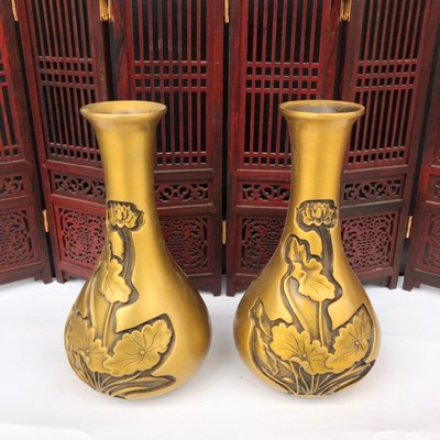 古都老物  純銅荷花蓮花瓶擺件中式復古家居禮品裝飾品黃銅花插花瓶一對