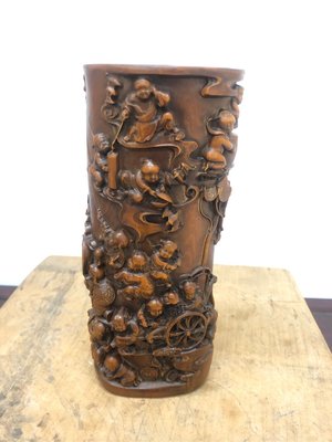 黃楊木人物紋彫刻筆桶 18公分 #15