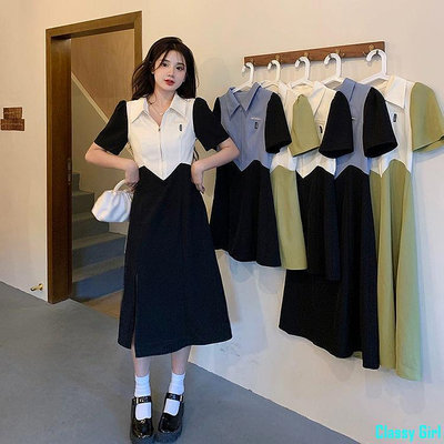 Classy Girl【YG】M-4XL韓版POLO領設計感撞色拼接洋裝  女裝  洋裝  洋裝  套裝  短袖上衣  長裙  裙子