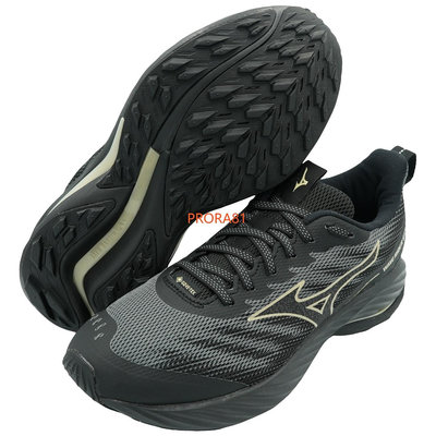 Mizuno J1GD-248021 黑X金 GORE-TEX 防水慢跑鞋(超寬楦)【輕量、止滑】352M 免運費加贈襪子