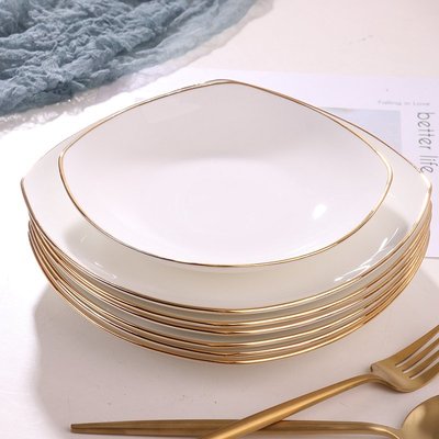 餐盤金邊骨瓷餐具四方形深盤菜湯盤家用菜盤子深口碟子餐盤