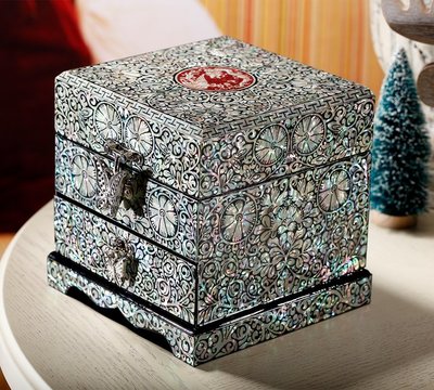 銀白色款 超大型螺鈿鑲貝漆器  珠寶盒   珠寶飾品首飾盒  戒指項鍊包裝盒木質 韓國公主風寶石水晶收納盒收納箱