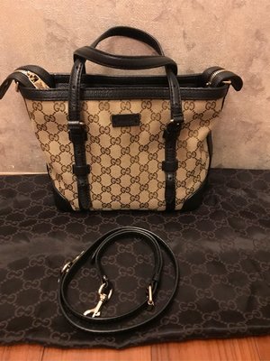 有購證 真品 Gucci 經典款 印花 黑色皮革 手提包 斜背包