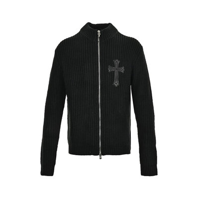 Chrome Hearts克羅心黑色十字架皮革貼布立領毛衣外套 代購