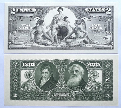真品古幣古鈔收藏美國雕刻印刷局原版凹印精制印樣，美國1896年2美元銀幣券“