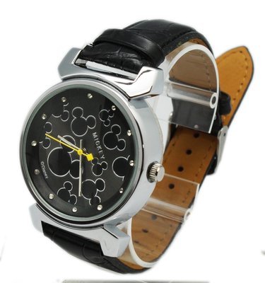 【卡漫迷】 超級出清價 米奇 皮革 手錶 酷黑 ㊣版 Mickey 米老鼠 女錶 學生錶 卡通錶 水鑽錶 皮革錶