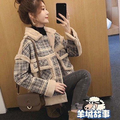 冬裝外套 S-2XL 韓版毛外套 加絨保暖格子外套女 ins短款夾克女 bf休閒潮