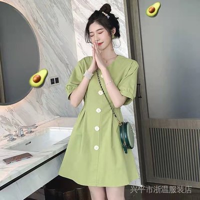 酪梨綠色洋裝新款夏顯瘦氣質法式復古智薰裙收腰桔梗裙  zs Felq