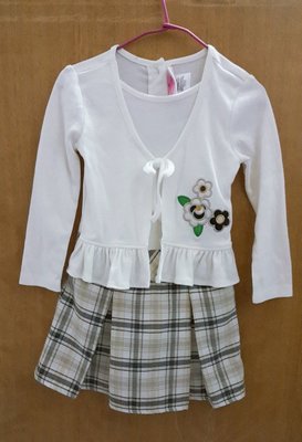女童3T假兩件小外套式百摺格子裙長袖洋裝