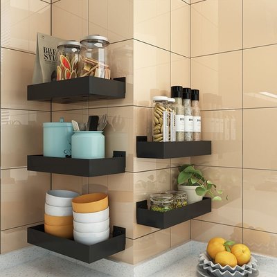 廚房調味料置物架免打孔墻上壁掛式收納用具浴室洗手間黑色儲物架