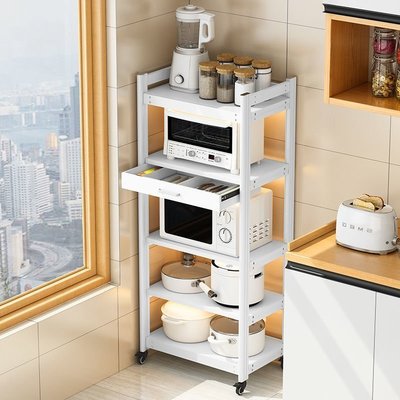 白色高顏值廚房置物架落地多層可移動放鍋微波爐多功能收納架柜子~特價促銷