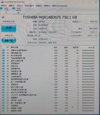 新達3C Toshiba 750GB 2.5吋 9.5MM 硬碟 緩衝記憶體 8MB SATA Il 售價=230元