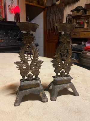 阿公的舊情人 銅製 早期 老燭台 雙囍臨門