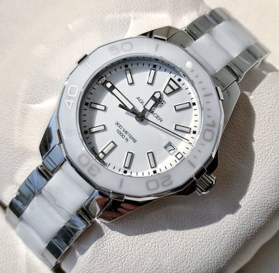 TAG HEUER Aquaracer 陶瓷圈 白色面錶盤 銀色不鏽鋼白色陶瓷材質錶帶 石英 女士手錶 WAY131B.BA0914
