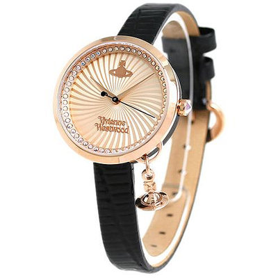 Vivienne Westwood 手錶 32mm 土星吊飾 水鑽玫瑰金錶面 黑色皮革錶帶 女錶 上班族 生日 禮物   VV139RSBK