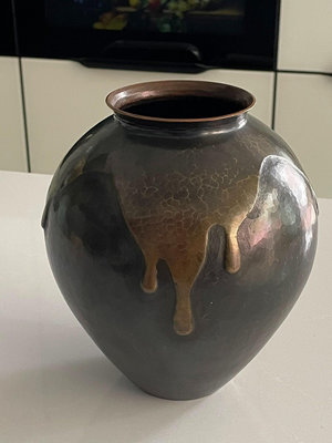 日本茶道具玉川堂龜紋錘打銅花入花瓶擺件置物，高19厘米，腹徑