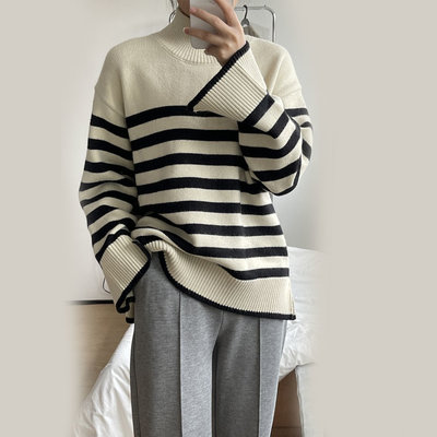 【極簡時尚】韓版半高領條紋毛衣撞色寬鬆上衣