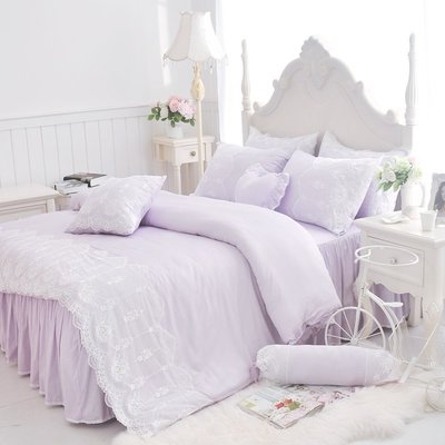 天絲床罩 標準雙人床罩 公主風床罩 綻放 紫色蕾絲床罩 結婚床罩 床裙組 荷葉邊 100%天絲  含四顆枕套
