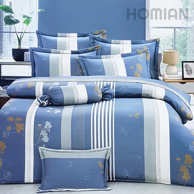 標準雙人床罩組五尺六件式純精梳棉-水碧山青-台灣製 Homian 賀眠寢飾