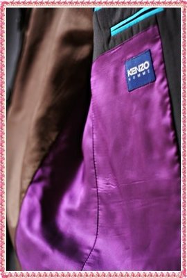 KENZO HOMME紫標高級純羊毛黑色細條紋單排三扣西裝