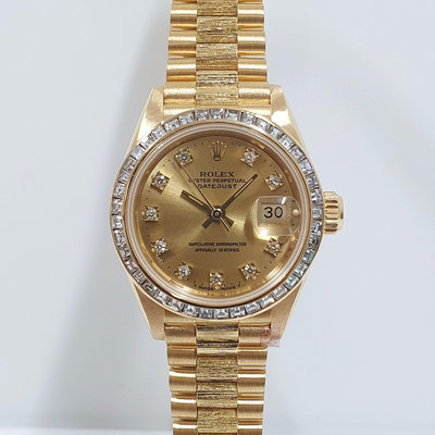 ROLEX 勞力士 69278 Datejust 蠔式女錶18K金 金色十鑽面 樹皮紋錶帶 後加方鑽圈 大眾當舖L754