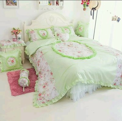 粉紅玫瑰精品屋~韓式公主綠色蕾絲床組~雙人加大