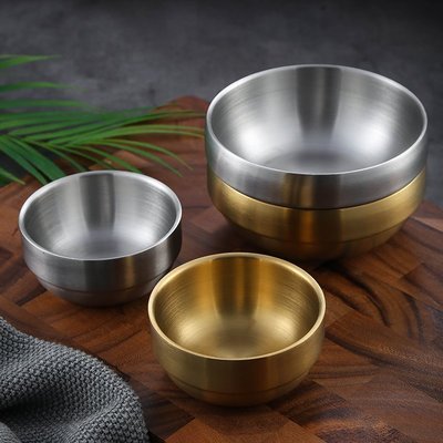 下殺 304不銹鋼碗 韓式金色湯碗米飯碗南瓜粥碗雙層韓式料理泡菜小碗#餐具