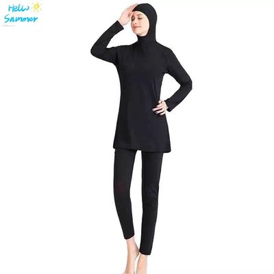 S-5xl 黑色穆斯林泳裝女士蓋頭全罩游泳衣長袖分體游泳服-三島制衣SAMDAO