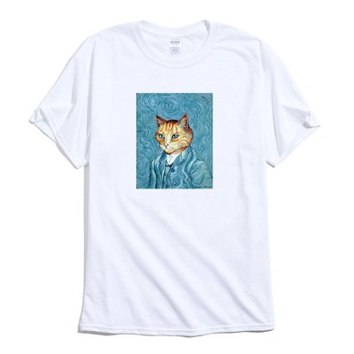 Cat Tuxedo Van Gogh 短袖T恤 白色 貓梵谷星空畫設計插畫藝術油畫動物