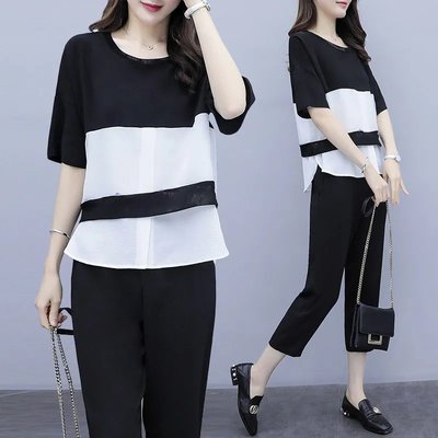 【45-100KG】Women Plus Size Short Sleeve T-shirt + Pants Set C