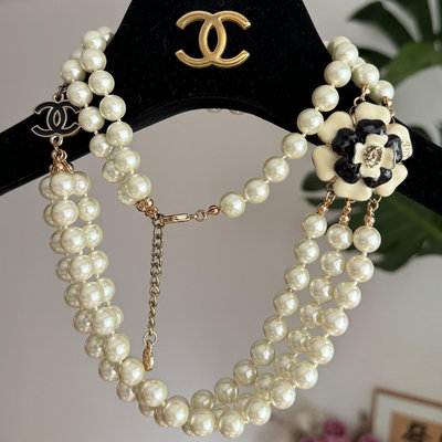 Chanel vintage中古多層琉璃珍珠山茶花琺瑯項鍊