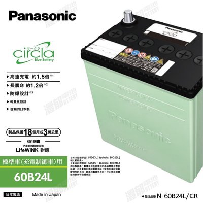 『灃郁電池』日本原裝進口 Panasonic Circla 銀合金免保養 汽車電池 60B24L (46B24L)加強版