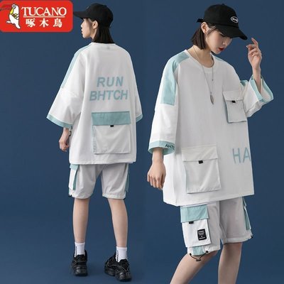 熱銷 韓版  工裝運動套裝女新款時尚學生韓版寬松休閑夏裝兩件套 GSWQ119081