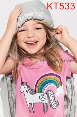 小確幸衣童館 KT533 歐美女童純棉短袖粉色卡通刺繡彩虹獨角獸