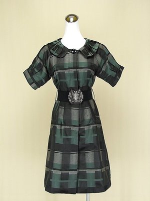 貞新 HOGO COLOR (鎮衣店) 灰綠格紋圓領短袖緞面洋裝S號(58589)