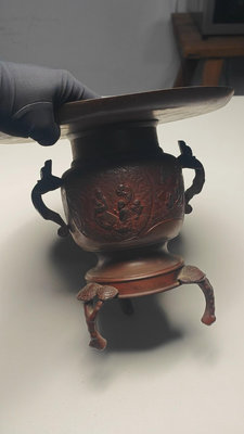日本 老銅薄端 花瓶 花道用具 周身帶工 古人紋 底足靈芝紋