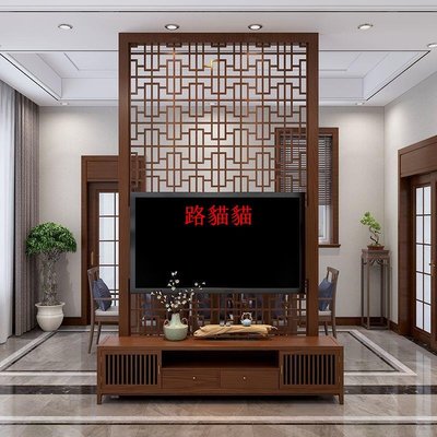 中式隔斷實木電視墻背景墻新中式客廳隔斷屏風頂天立地電視柜定制路貓貓