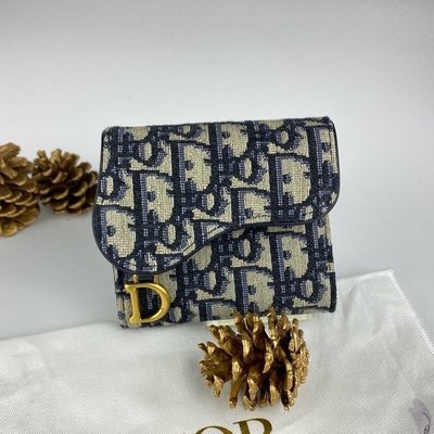 DIOR 迪奧 馬鞍 LOTUS 錢包 藍色 Oblique 印花 三折短夾 卡夾 皮夾