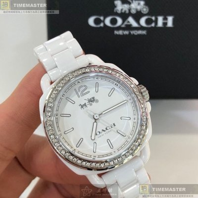 COACH手錶,編號CH00069,34mm白圓形陶瓷錶殼,白色簡約, 時分秒中三針顯示, 鑽圈錶面,白陶瓷錶帶款