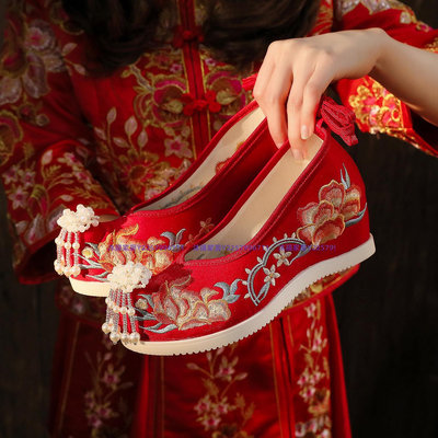 漢唐之家內增高漢服鞋古裝秀禾服婚鞋繡花布鞋中式婚禮新娘結婚鞋-沐陽家居