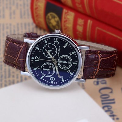爆款禮品手錶時尚石英手錶 男士藍光玻璃皮帶男士手錶批發