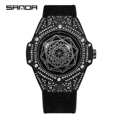 三達新款7033鑲鉆男士手表皮帶夜光防水創意幾何時尚潮流石英手表